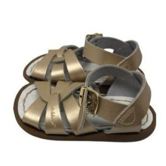 Salt Water Sandals Gold Girls Size 4 Matte Gold Leather Excellent very gently us - Picture 5 of 15